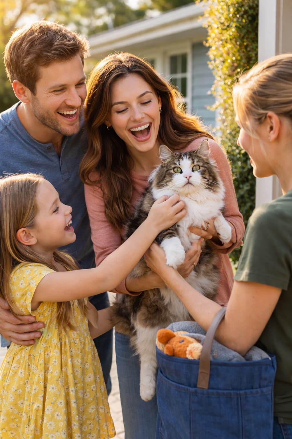 Happy family reuniting with their cat after a community sit