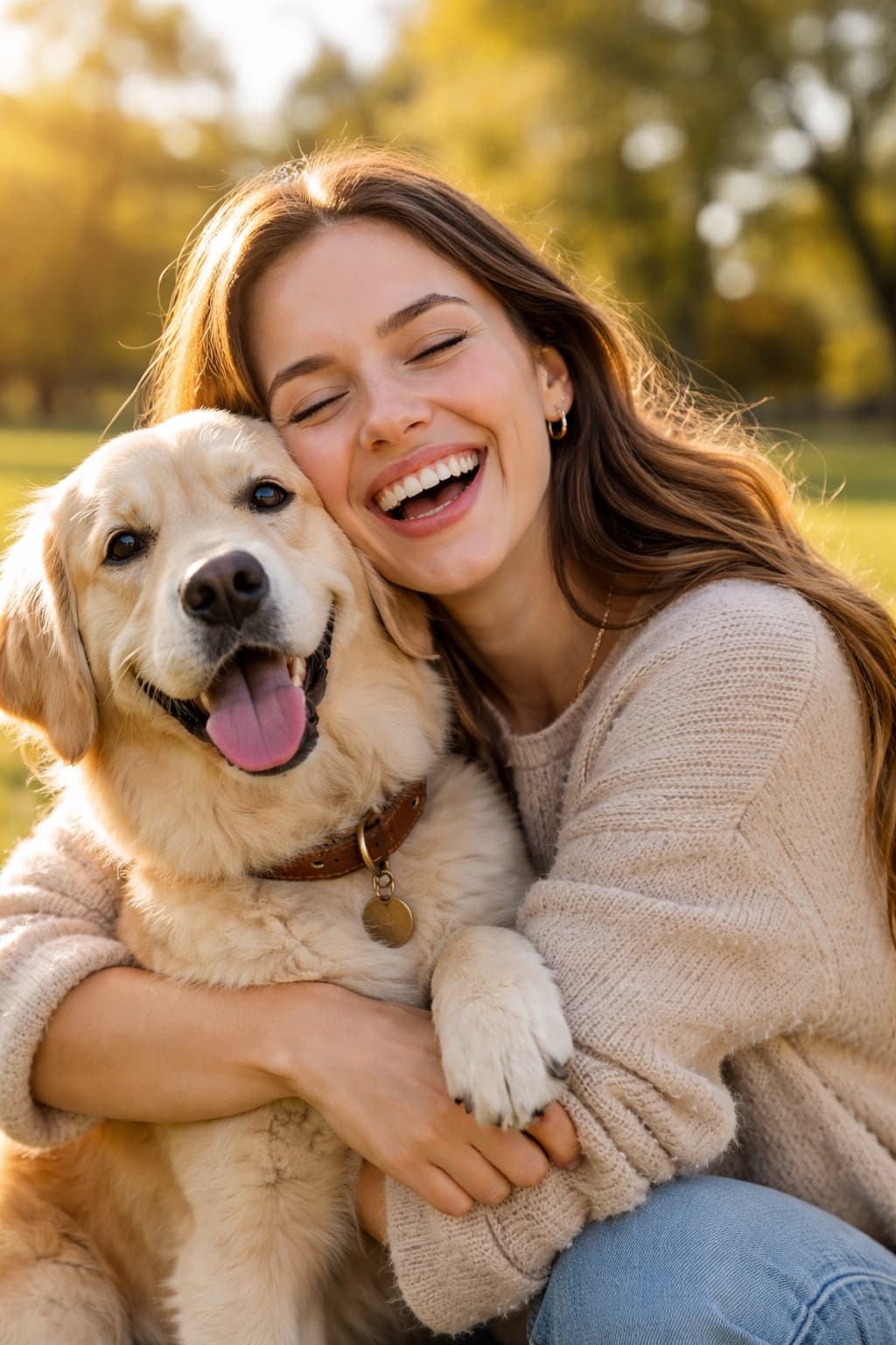 Happy pet owner hugging her golden retriever